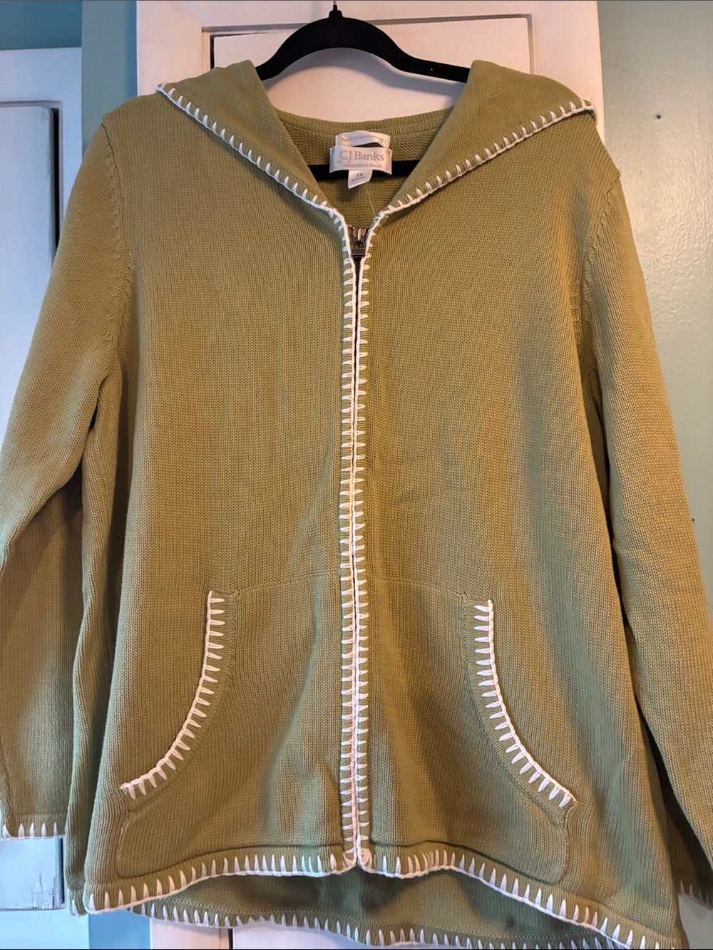 CJ Banks Olive Hooded Zip Cardigan with White Whipstitch Trim